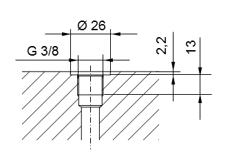 Schème Filetage de tuyauterie ISO 228 Partie 1 - G3/8 pour raccord fileté selon DIN 3852 Partie 2, Forme A (avec joint d'étanchéité selon DIN 3869) ou Forme B (avec arête d'étanchéité)