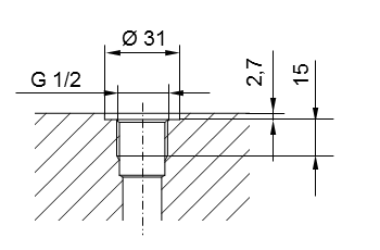 Schème Filetage de tuyauterie ISO 228 Partie 1 - G1/2 pour raccord fileté selon DIN 3852 Partie 2, Forme A (avec joint d'étanchéité selon DIN 3869) ou Forme B (avec arête d'étanchéité)