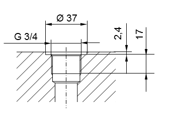 Schème Filetage de tuyauterie ISO 228 Partie 1 - G3/4 pour raccord fileté selon DIN 3852 Partie 2, Forme A (avec joint d'étanchéité selon DIN 3869) ou Forme B (avec arête d'étanchéité)